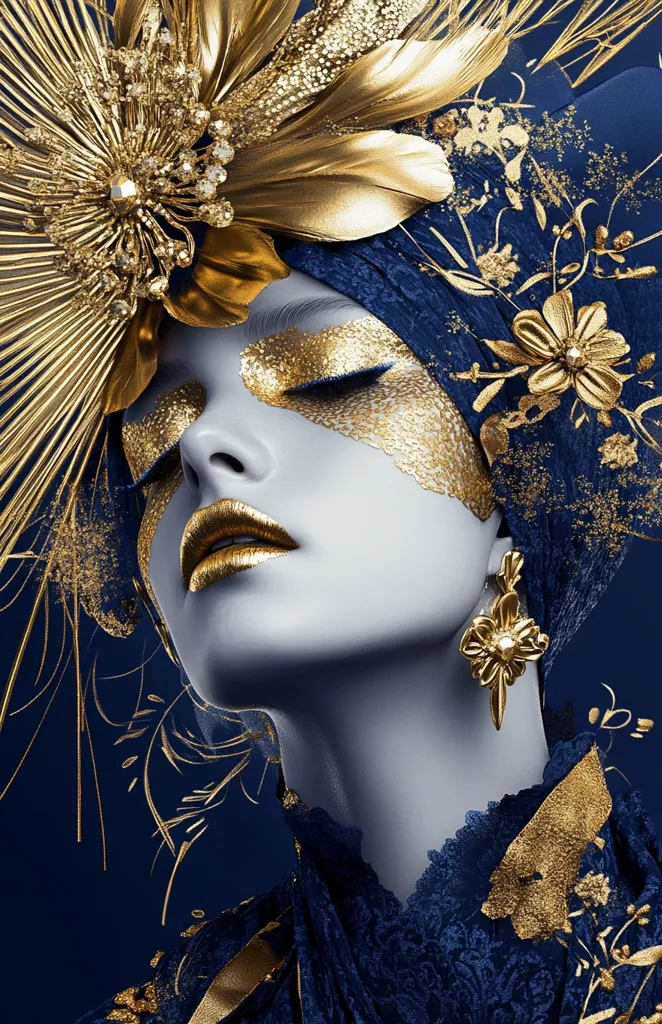 The image showcases a woman's face, adorned with a striking headdress and makeup. The headpiece is a dramatic explosion of gold, featuring large, stylized flowers and radiating points, contrasting sharply with her dark blue, lace-like garment.  Gold leaf accents her face, mirroring the headdress's opulence. The overall effect is one of luxurious, artistic extravagance against a deep blue background.  The style is highly stylized and theatrical.
