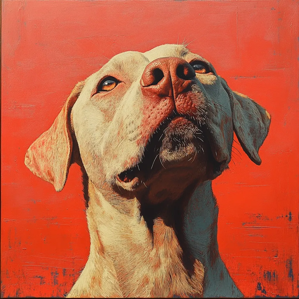 A hyperrealistic painting depicts a light-colored dog, possibly a Labrador Retriever or similar breed, against a vibrant orange background. The dog's head and neck are prominently featured, its gaze directed upward. The artist has meticulously rendered the dog's fur texture and the subtle details of its facial features, including its moist nose and expressive eyes. The orange background is textured, adding depth and contrast to the painting. The overall effect is a striking and emotive portrait.