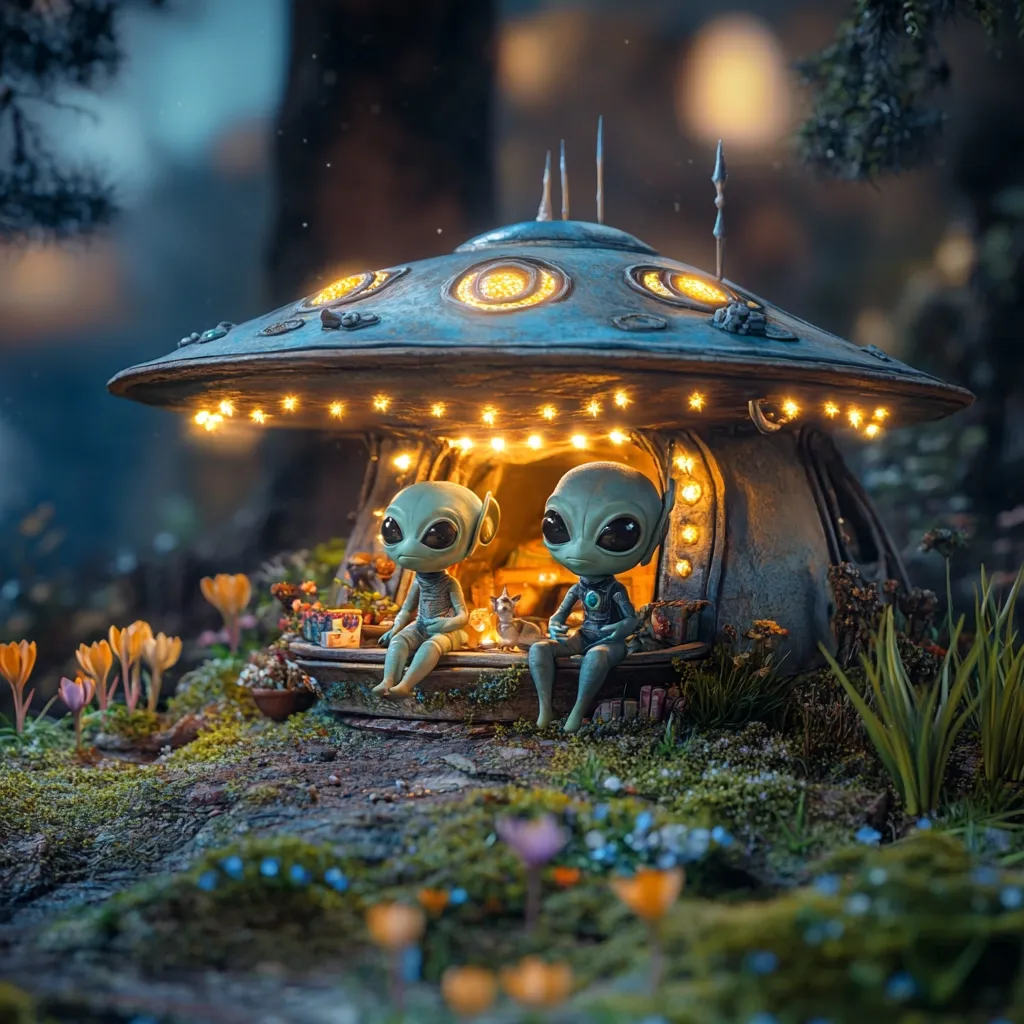 Here is a description of the image:

The image is a whimsical diorama depicting two small, grey alien figurines sitting inside a miniature, illuminated UFO-shaped house.  The house is nestled in a mossy, fantastical forest setting, complete with small flowering plants and a blurry background suggesting a deeper woodland.  Tiny lights around the UFO's rim create a warm, inviting glow. The aliens appear serene, possibly enjoying a quiet evening, perhaps with a small pet between them. The overall mood is peaceful and enchanting, blending elements of science fiction with nature's charm.