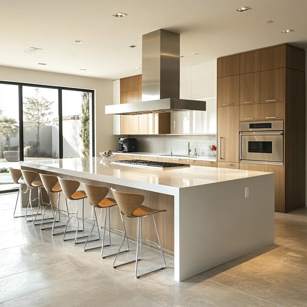 Here's a description of the image:

A modern kitchen features a large, white island countertop with a waterfall edge, seating eight light wood and chrome bar stools.  The island is positioned in front of a wall of light wood cabinets, complemented by white upper cabinets. A stainless steel range hood dominates the center, above a gas cooktop. A built-in stainless steel oven is integrated into the cabinetry.  Large windows offer a view of lush greenery. The overall aesthetic is sleek, minimalist, and luxurious.