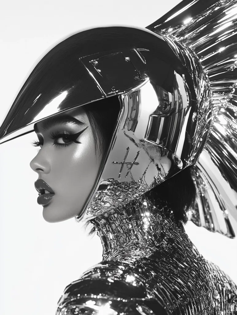 Here's a description of the image:

The monochromatic close-up showcases a woman's profile, her face partially obscured by a futuristic, metallic helmet. The helmet, highly reflective and seemingly chrome, is adorned with a stylized wing-like structure extending from the back.  A mark, possibly a logo or symbol, is etched onto the helmet's surface.  The woman's makeup is striking, featuring bold eyeliner and a defined lip. The overall aesthetic is one of high fashion, blending elements of sci-fi and glamour.  The background is plain white, drawing focus solely to the model and her attire.