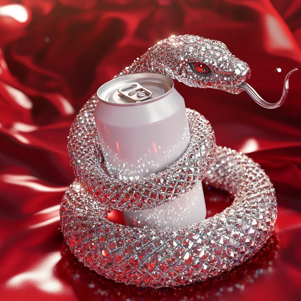 Here's a description of the image:

A digitally rendered image showcases a white aluminum beverage can encircled by a diamond-encrusted snake. The snake, with piercing red eyes and a forked tongue, is intricately detailed, appearing to be made of countless sparkling diamonds.  The can is positioned centrally, its smooth, matte white surface contrasting with the snake's glittering body. The entire scene is set against a rich, red, satin-like backdrop, enhancing the luxurious and somewhat surreal feel of the composition.