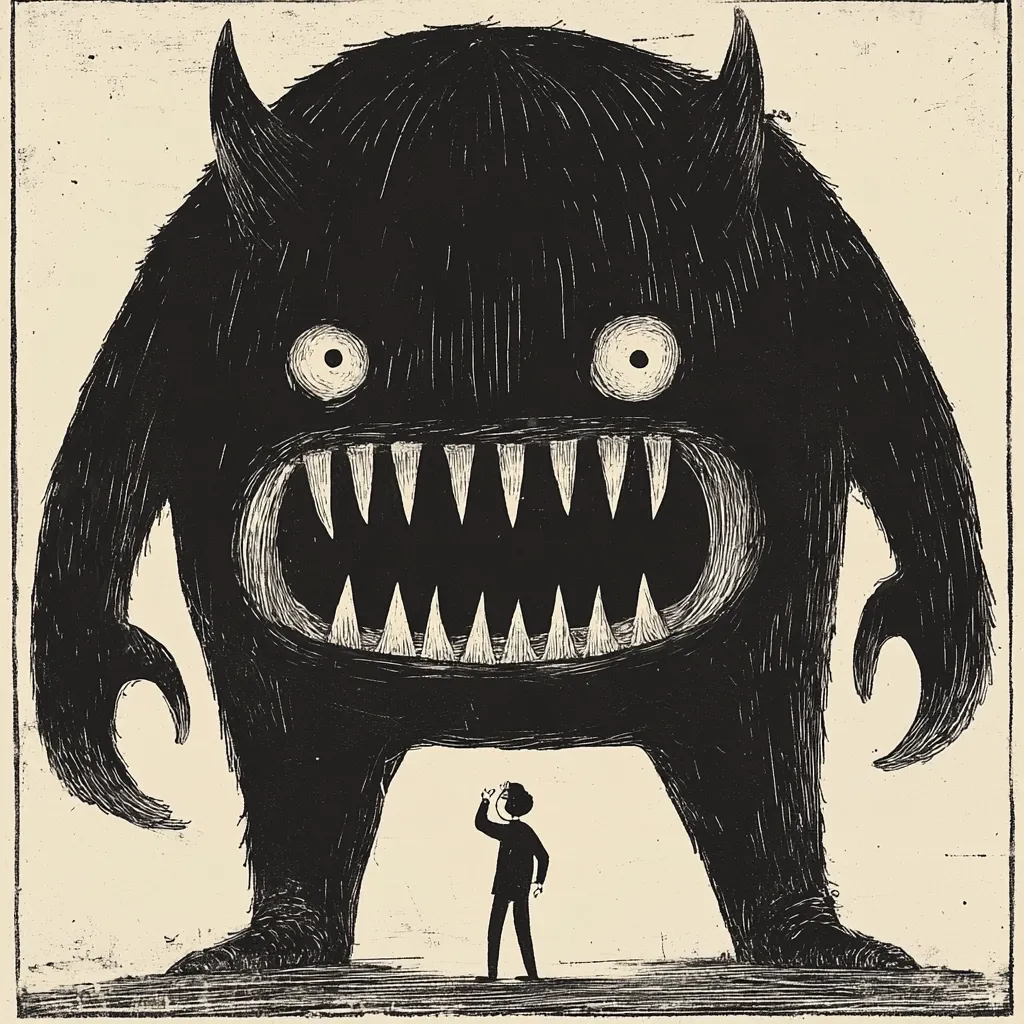 The illustration depicts a looming, monstrous figure with sharp teeth and horns, rendered in a black-and-white, scratchy style reminiscent of linocut. Its size dwarfs a small, human-like figure standing beneath it, who appears to be shielding their eyes or observing the monster. The contrast in scale emphasizes the monster's overwhelming presence and the vulnerability of the smaller figure, suggesting themes of fear, anxiety, or powerlessness. The overall aesthetic is dark and slightly unsettling.