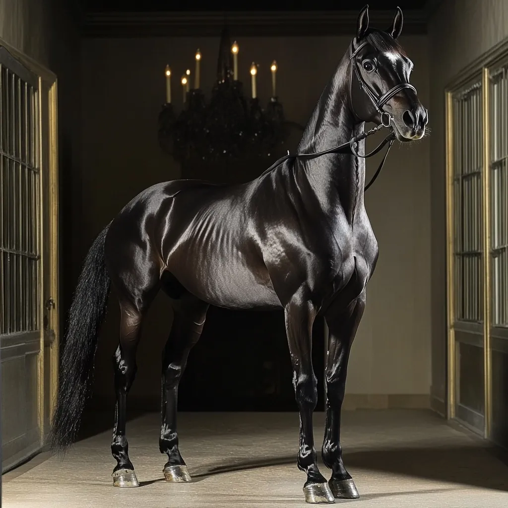 A majestic black horse stands regally in a dimly lit, elegant interior.  Its coat gleams, reflecting the soft light.  The horse is fitted with a bridle and wears silver horseshoe-like coverings on its hooves.  The background features grand, dark wooden doors and a chandelier with lit candles, adding to the opulent atmosphere. The overall image conveys a sense of sophistication and timeless beauty.