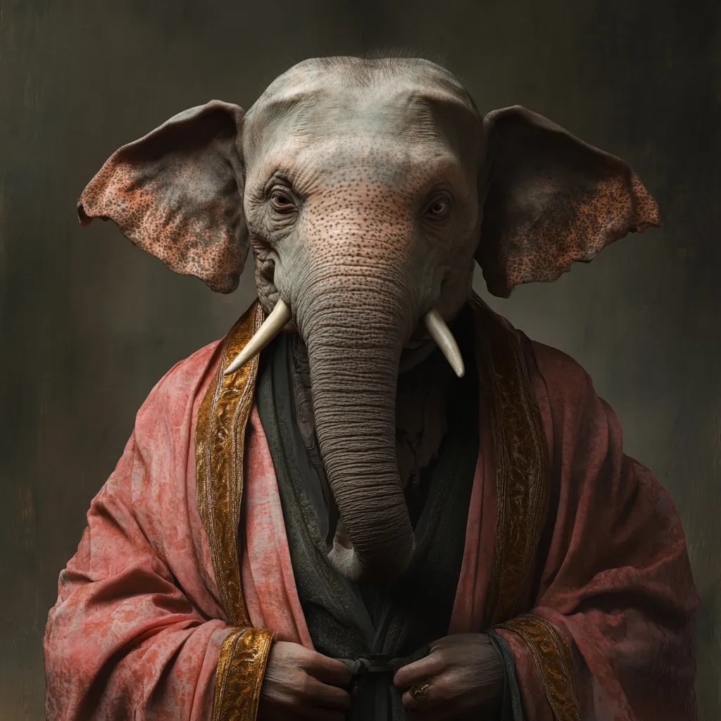 Here's a description of the image:

The image is a striking portrait of an anthropomorphic elephant.  The elephant's head and upper body are seamlessly integrated into the form of a human, wearing a long, flowing reddish-pink robe adorned with gold trim. The robe resembles traditional Asian attire. The elephant's skin is textured and detailed, conveying a sense of age and wisdom. Its expression is serious and contemplative, and its large ears frame the face. The background is a muted, dark green, enhancing the focus on the subject. The overall style is a blend of realism and fantasy, creating a powerful and memorable image.