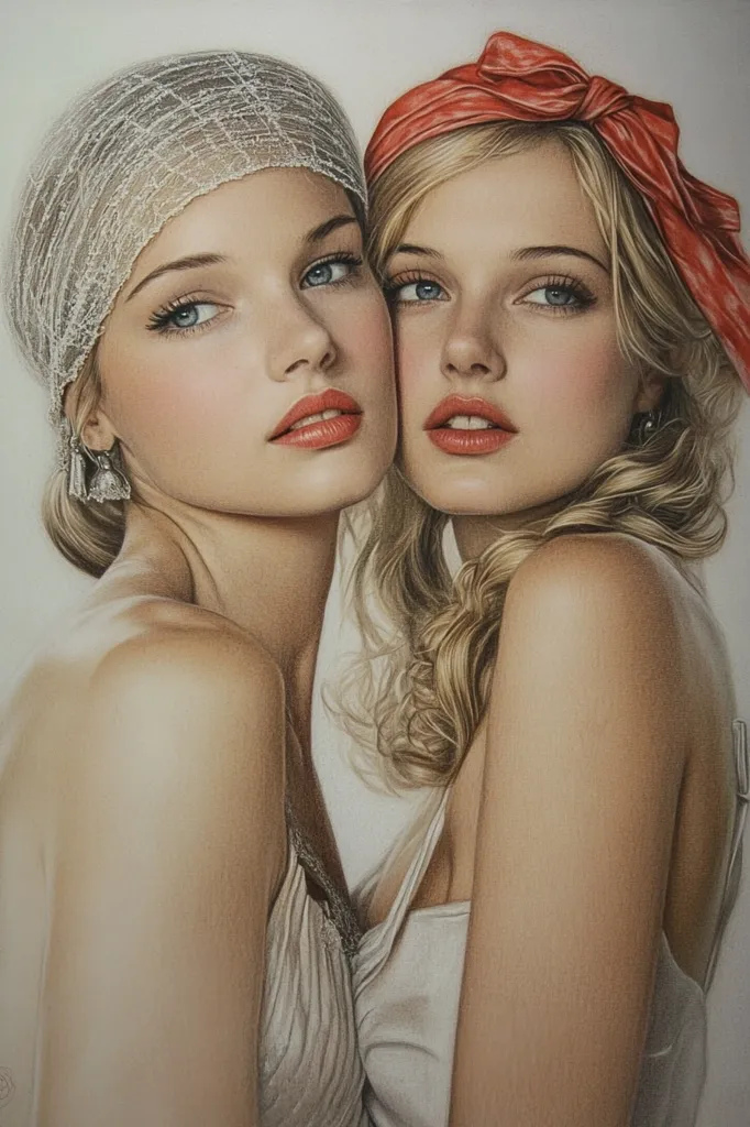 Here's a description of the image:

The image is a hyperrealistic colored pencil drawing of two young women, intimately posed together. One wears a delicate, off-white lace head covering; the other, a vibrant red bandana tied in a bow. Both women possess fair skin, blonde hair, and striking blue eyes. Their expressions are soft and subtly suggestive of intimacy. The artist's meticulous attention to detail is evident in the textures of the fabric, hair, and skin. The overall tone is warm and sensual, creating a close-up portrait that emphasizes the bond between the two subjects.