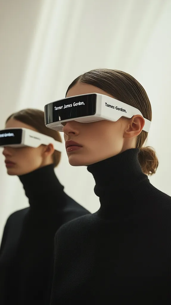 Two women, dressed in identical black turtlenecks, wear futuristic white visors displaying the text "Tanner James Gordon" and "James Gordon".  The visors partially obscure their faces, creating a minimalist and somewhat anonymous aesthetic. The background is a soft, neutral tone, focusing attention on the women and their unique eyewear.  The overall image evokes a sense of modern fashion and technology.