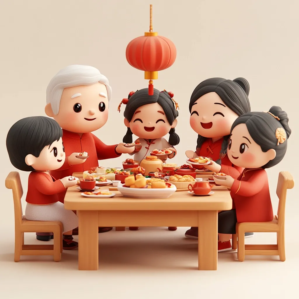 A 3D-rendered illustration depicts a happy Chinese family gathered around a table laden with a delicious feast.  Four children and one grandfather, all with stylized, cartoonish features, wear traditional red clothing.  A red Chinese lantern hangs above them, adding to the festive atmosphere of what appears to be a family reunion or celebration, likely during a Chinese holiday.  The scene is warm and inviting, emphasizing family togetherness and cultural tradition.
