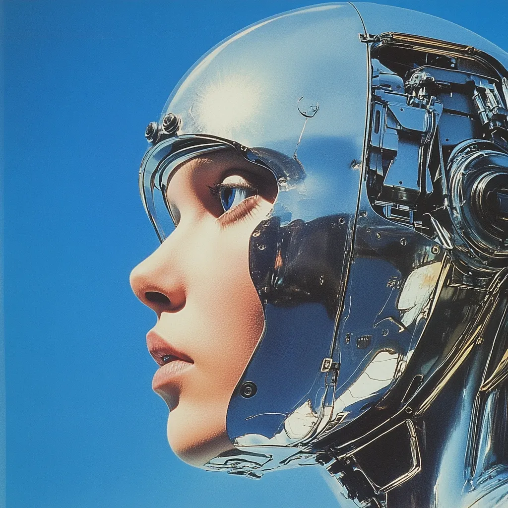 Here's a description of the image:

The artwork showcases a close-up profile view of a female cyborg against a vibrant blue sky.  Her face, seemingly human, is partially encased in a gleaming, chrome helmet. The helmet's design reveals intricate internal mechanics, suggesting a blend of organic and technological elements.  Her expression is serene yet pensive, her gaze directed towards the horizon. The contrast between the smooth, reflective metal and the soft features of her face creates a compelling juxtaposition, evoking themes of artificial intelligence and transhumanism. The overall style is highly polished and detailed, hinting at science fiction imagery.
