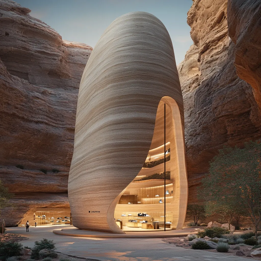 A futuristic, organic structure resembling a giant, sculpted seashell nestles within a dramatic desert canyon.  Its light beige, layered facade mimics sandstone formations, seamlessly blending architecture with the natural landscape.  Internal lighting illuminates a multi-level interior, possibly a boutique or gallery, visible through a curved aperture.  Sparse desert vegetation and a few figures in the foreground enhance the sense of scale and isolation. The overall design suggests a harmonious integration of human creation with the raw beauty of nature.