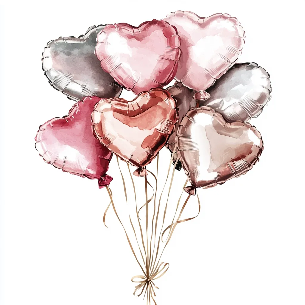 Here's a description of the image:

A watercolor-style illustration shows a cluster of heart-shaped balloons, tied together with gold ribbon.  The balloons are in shades of rose, blush pink, and metallic silver, creating a soft, romantic palette.  The balloons vary slightly in size and hue, adding to their whimsical appeal.  They are depicted against a stark white background, making the colorful balloons the central focus. The style suggests a delicate, celebratory mood, suitable for Valentine's Day or a romantic occasion.