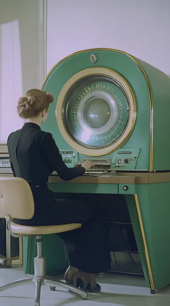 Here's a description of the image:

The photograph shows a woman in a dark dress seated at a large, retro-looking teal computer. The computer features a prominent circular display reminiscent of an early mainframe. The woman, with her hair neatly styled, is focused on the machine's controls, her hands resting on a keyboard-like interface. The overall aesthetic is mid-20th century, suggesting a time of early computing technology. The setting appears to be a clean, possibly office-like environment.  The color palette is muted, emphasizing shades of teal, dark green, and beige.
