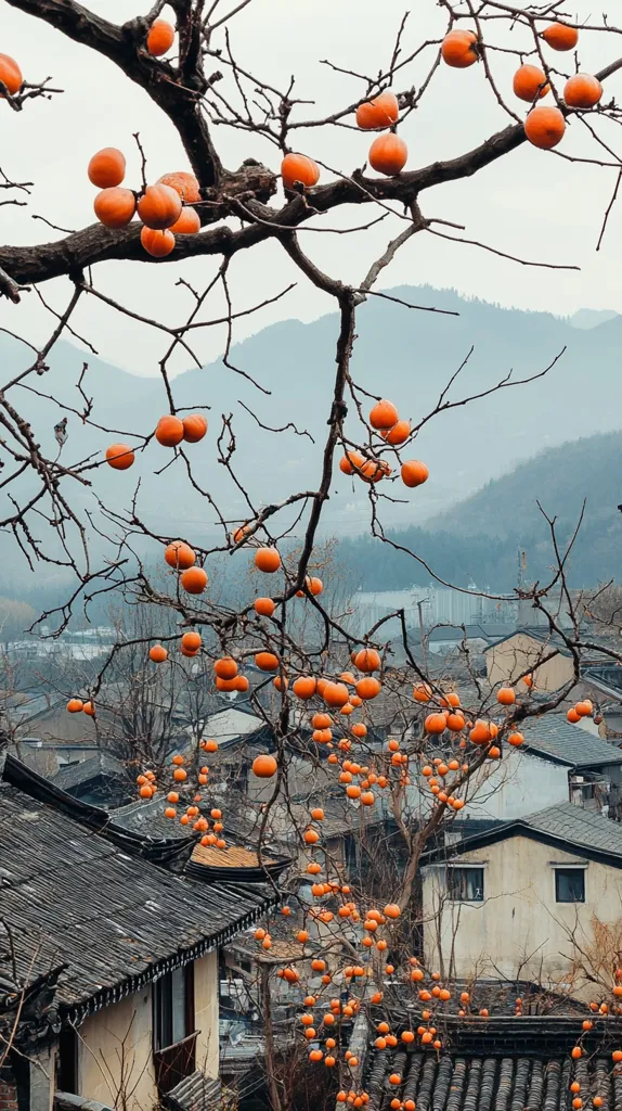 Here's a description of the image:

A barren, leafless tree laden with ripe orange persimmons hangs over a picturesque village nestled in a misty mountain valley.  The grey-tiled roofs of traditional houses are visible below, creating a charming contrast against the vibrant fruit. The muted colors of the houses and distant hills emphasize the warm tones of the persimmons.  The overall scene is serene and evocative of a tranquil autumn day in a rural setting.
