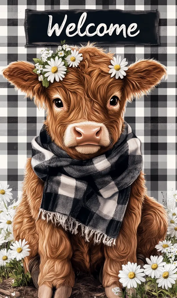 Here's a description of the image:

The image features a charming illustration of a Highland calf, its reddish-brown fur luxuriously depicted.  A black and white buffalo plaid scarf adorns its neck, complementing the black and white gingham background.  A crown of white daisies rests atop its head, adding to its endearing appearance. The words "Welcome" are displayed prominently on a dark rectangle above the calf, further enhancing the welcoming, rustic aesthetic.  White daisies are also scattered at the bottom of the image, creating a cheerful and inviting scene.