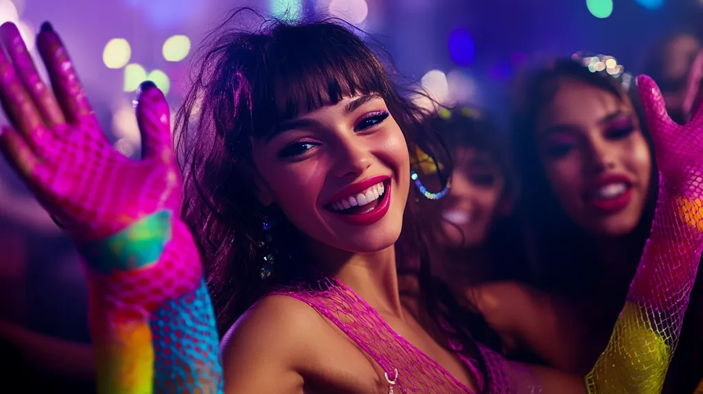 Here's a description of the image:

The vibrant photo captures a young woman with dark hair and bangs, radiating joy at a lively party. She's wearing a pink, lacy top and brightly colored, fishnet gloves that glow under the neon lights.  Her wide, beaming smile reveals red lipstick, and she's adorned with dangling earrings.  Two other women, slightly out of focus, are visible in the background, also enjoying the festive atmosphere. The overall setting is a dimly lit party with blurred lights in the background, creating a dynamic, energetic feel.