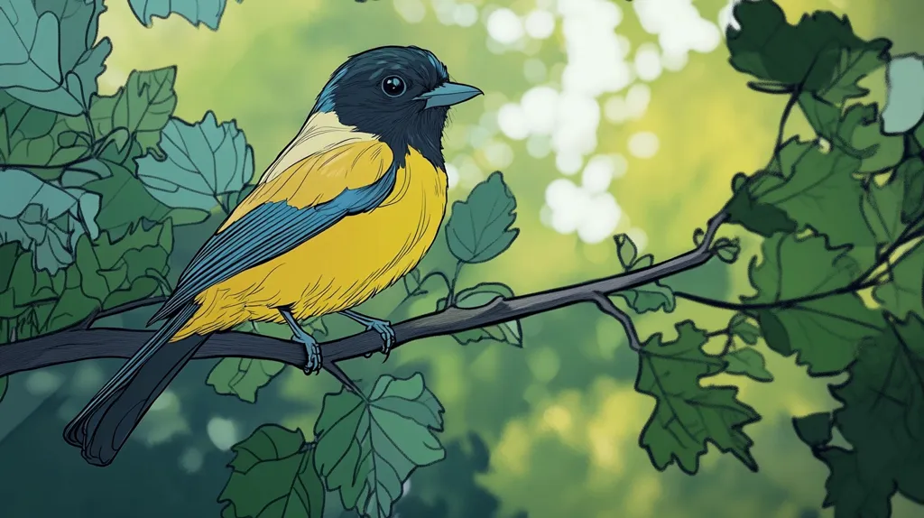 The illustration depicts a vibrant yellow and blue bird perched on a tree branch.  Its head is a deep black, contrasting sharply with its bright plumage. The bird is positioned slightly off-center, allowing for a focus on its detailed features against a softly blurred background of green leaves and dappled sunlight. The artistic style is a blend of line art and soft shading, creating a peaceful and naturalistic scene.  The leaves are rendered with detailed veining, further enhancing the overall sense of tranquility in the forest setting.
