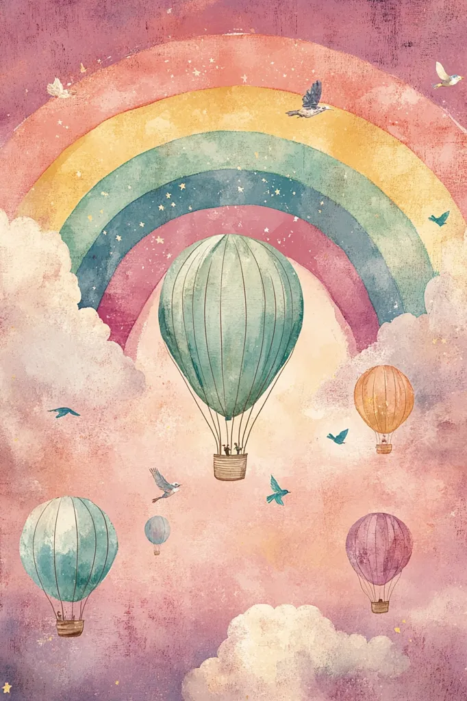 A whimsical illustration depicts a pastel-colored sky with a large rainbow arching across it.  Several hot air balloons, in varying shades of teal, peach, and purple, float amongst fluffy clouds, each carrying tiny passengers.  Small birds flit around the balloons, adding to the dreamy, fairytale-like atmosphere. Stars twinkle in the sky, completing the enchanting scene. The overall texture is soft and slightly textured, suggesting a watercolor or gouache painting style.