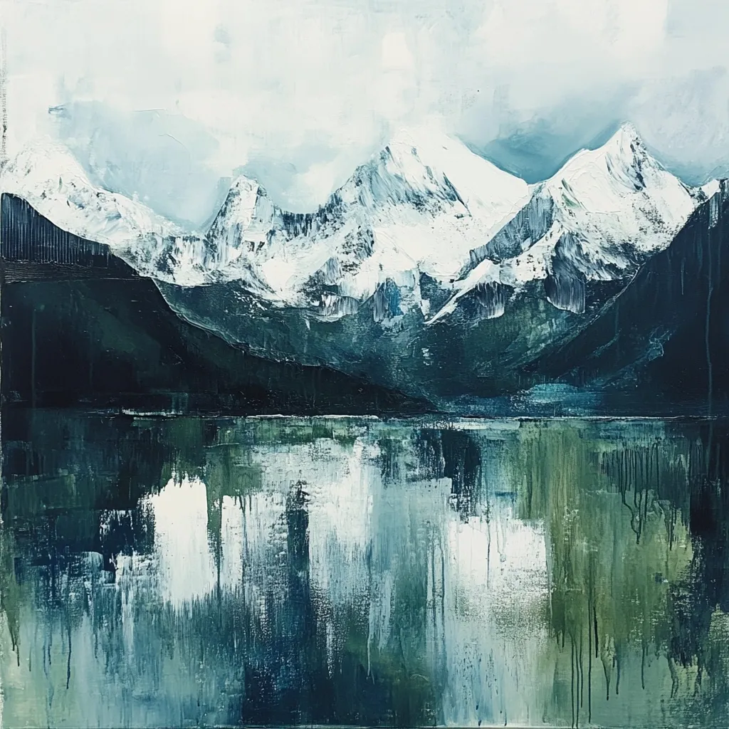 The painting depicts a serene mountain lake scene.  Snow-capped peaks rise majestically in the background, their white summits contrasting sharply against a muted, grey-blue sky. The foreground features a calm lake, its surface reflecting the mountains in an impressionistic, abstract manner.  The artist uses a palette of deep greens and blues, with hints of white, to create a tranquil, almost mystical atmosphere.  The brushstrokes are visible, adding texture and depth to the artwork.