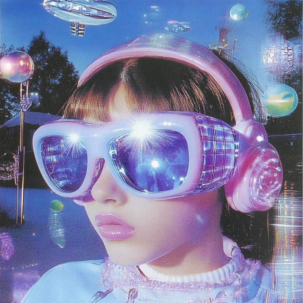 Here's a description of the image:

The image is a vibrant, stylized portrait of a young woman, possibly a digital illustration or heavily edited photograph. She wears oversized, translucent purple sunglasses with a futuristic design and pink headphones with a rose-shaped detail. The background is a dreamy, surreal landscape of floating objects, including what seems to be airships and glowing orbs, set against a twilight sky.  The overall aesthetic is reminiscent of 1980s synthwave or cyberpunk, with a heavy emphasis on pastel purple and pink hues.  The light sources create a dreamy, almost ethereal glow around the subject.