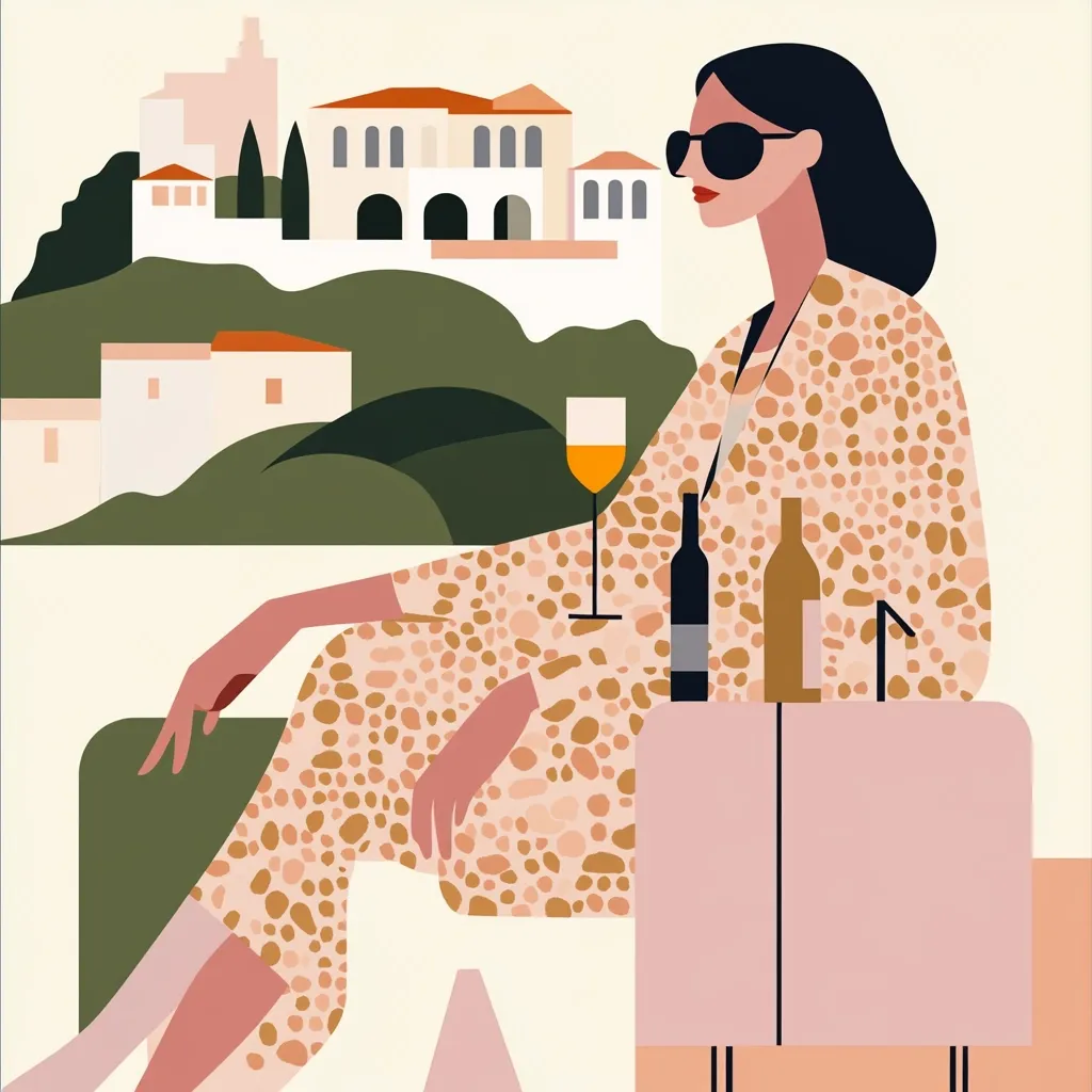 Here's a description of the image:

The illustration depicts a stylish woman in a beige, speckled jumpsuit, relaxing outdoors. She wears sunglasses and sits with a glass of wine on a low table beside two bottles.  The background features a simplified, idyllic Mediterranean landscape with white buildings nestled on a green hillside. The style is minimalist and graphic, with bold colors and flat shapes. The overall mood is one of sophisticated relaxation and leisure.