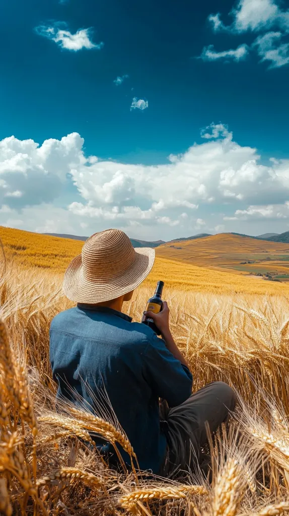 A person, wearing a wide-brimmed straw hat and a blue shirt, sits amidst a field of golden wheat.  They hold a bottle of wine, their back to the camera, gazing out at a rolling landscape under a vibrant blue sky dotted with fluffy white clouds.  The scene evokes a sense of peace and tranquility, a solitary moment in a sun-drenched, rural setting.