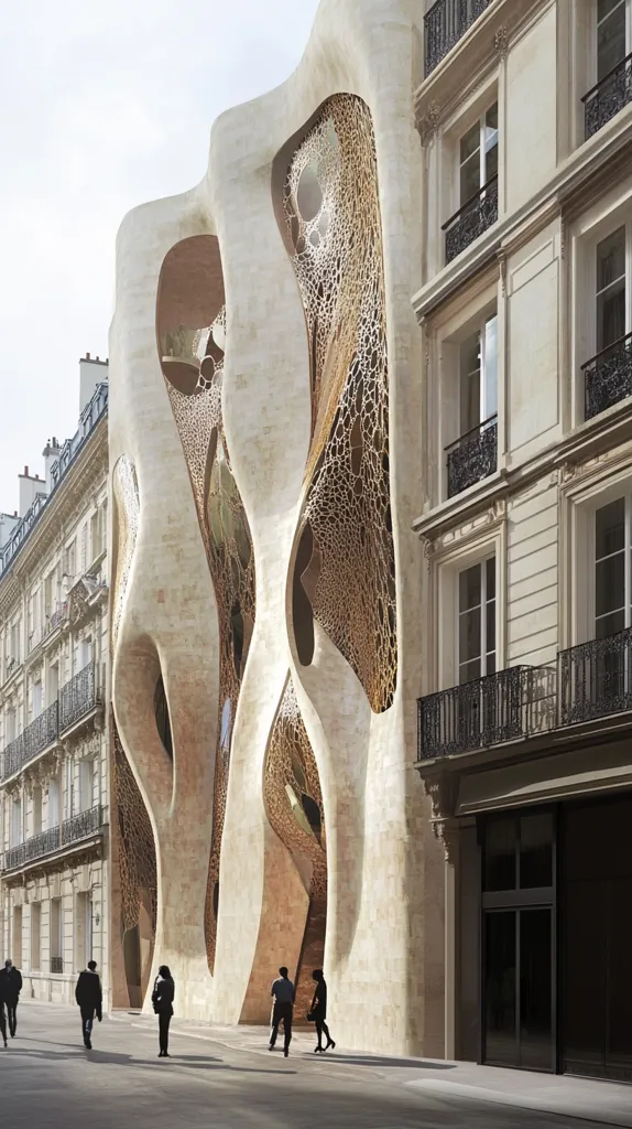 A modern architectural rendering depicts a striking building, its facade a flowing, sculpted form of light beige stone.  Intricate, lattice-like bronze or copper inserts accentuate the curves, creating a contrast between organic shapes and structured details.  The building stands adjacent to a traditional Parisian building, highlighting the contrast between old and new architectural styles.  A few pedestrians stroll along the street, adding a sense of scale to the structure's impressive size. The overall mood is one of sophisticated elegance and innovative design.