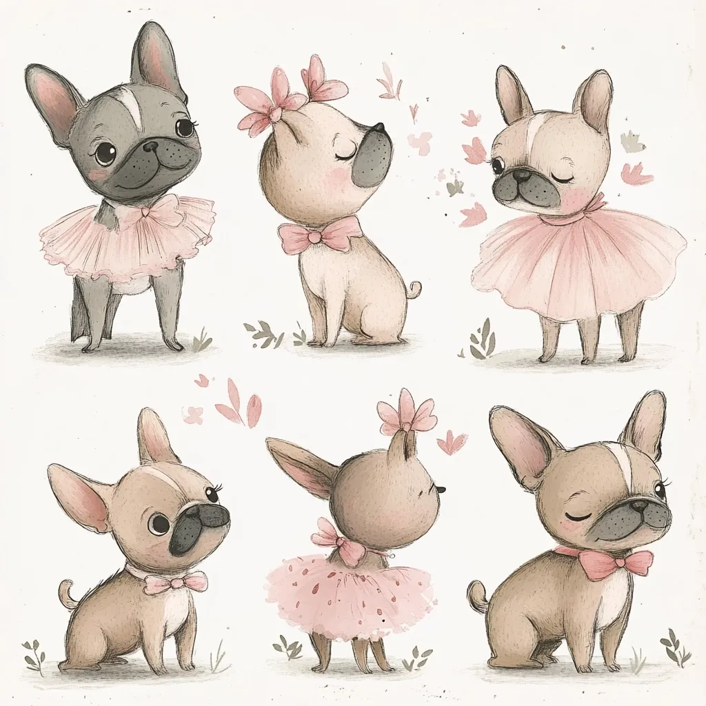 Six adorable cartoon French bulldogs are depicted in various poses.  Some wear pink tutus and bows, others sport floral headpieces.  The illustration style is soft and whimsical, with muted pastel tones and delicate linework.  The dogs exhibit charming expressions, creating a sweet and gentle overall mood.  The background is a simple off-white, emphasizing the cute pups.
