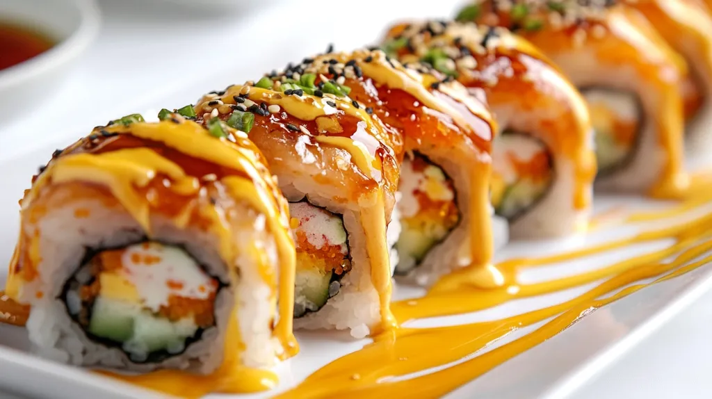A close-up shot showcases a delectable arrangement of sushi rolls.  The rolls are generously drizzled with a vibrant yellow sauce, possibly a creamy cheese or mayonnaise-based topping.  They are topped with sesame seeds and what looks like finely chopped scallions, adding a textural and visual contrast.  The interior of the visible rolls reveals a colorful filling of crab, possibly avocado, and other ingredients.  The sushi rests on a pristine white plate, enhancing its appealing presentation.