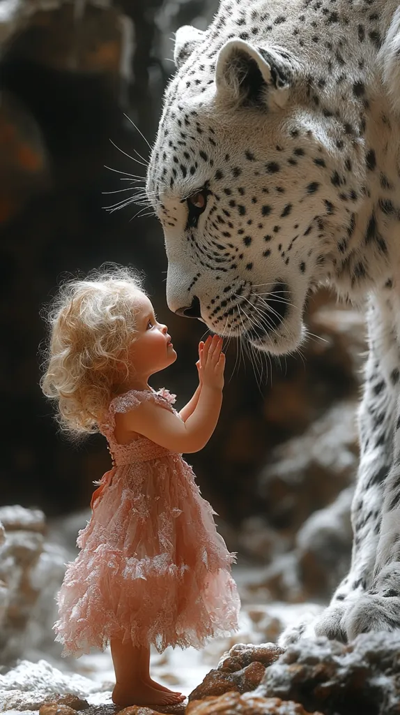 A young girl with blonde, curly hair, wearing a delicate peach dress, stands before a majestic snow leopard.  The child's hands are raised in a gesture of gentle interaction, her face inches from the leopard's.  The leopard's gaze is soft, creating a captivating scene of unexpected tenderness and delicate balance between human and wild. The background is blurred, focusing attention on the unique connection between the girl and the magnificent animal.