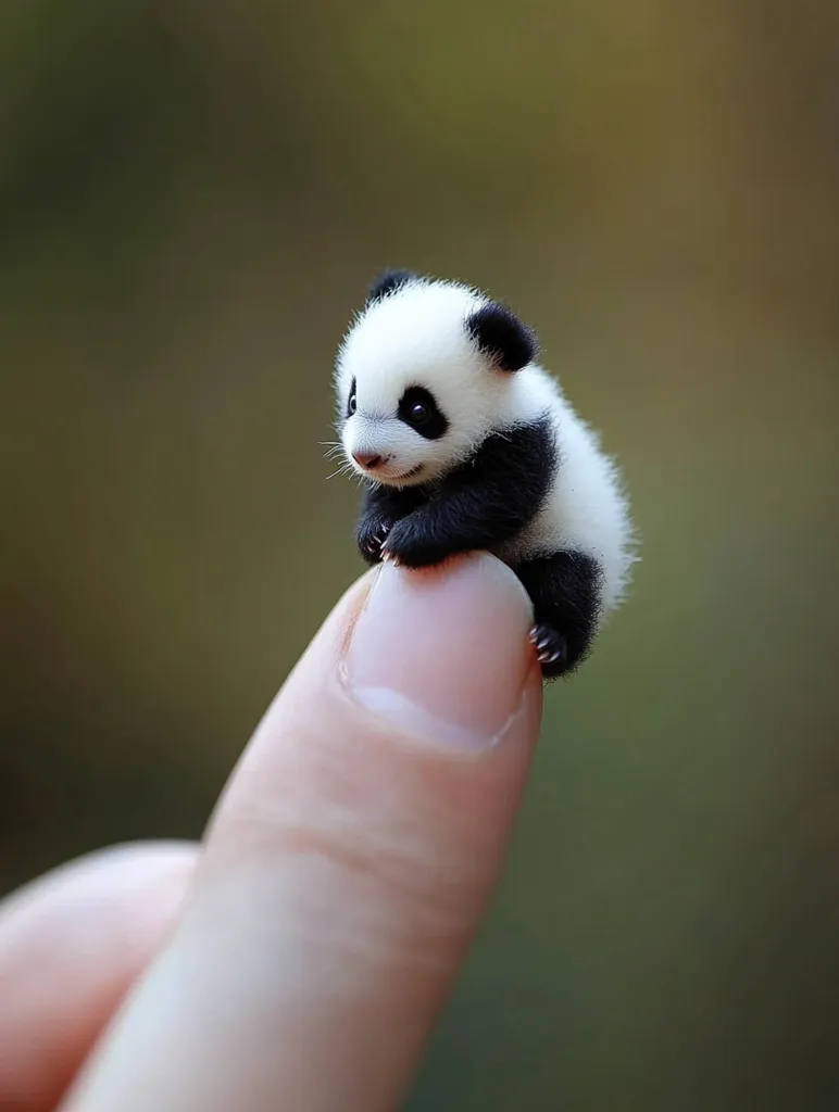 Here's a description of the image:

The photo shows an incredibly tiny panda cub delicately perched on a person's finger.  The cub is small enough to comfortably fit on a single fingertip.  Its fur is soft and fluffy, a classic black and white panda pattern. The cub's expression is sweet and innocent. The background is blurred, suggesting a natural, outdoor setting with muted greens and browns, drawing focus to the adorable subject. The overall image evokes feelings of wonder and tenderness.