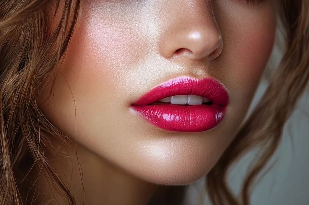 Here's a description of the image:

Close-up view of a woman's face, focusing on her lips and part of her cheek.  She has light skin with a subtle, luminous highlight.  Her lips are full and painted a vibrant, glossy fuchsia.  Her brown hair, styled in loose waves, frames the side of her face. The overall impression is one of beauty and elegance, emphasizing the makeup and the texture of her skin.