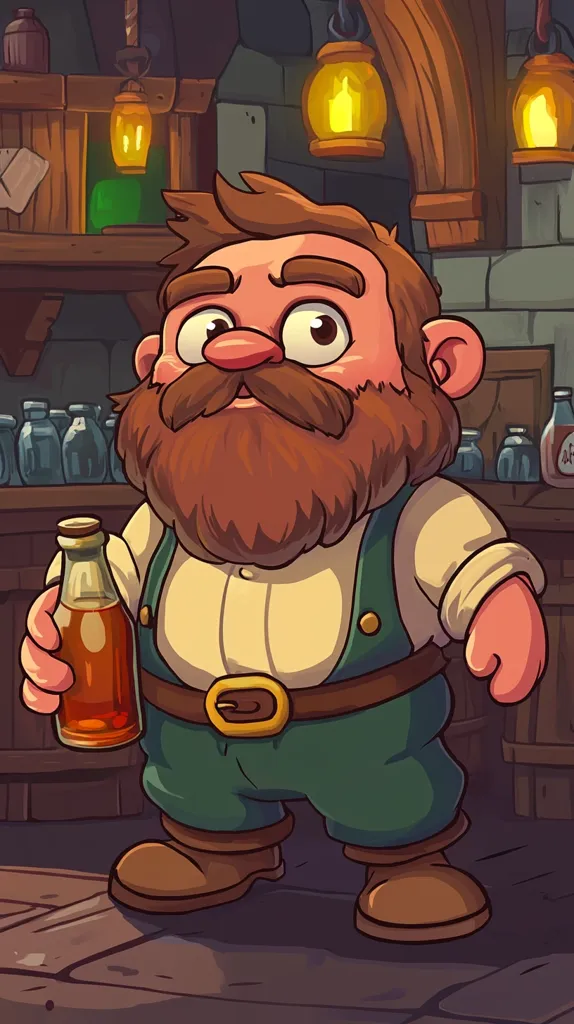 A cartoon illustration depicts a jovial, stout dwarf-like man with a voluminous ginger beard standing in a dimly lit tavern.  He holds a bottle of amber liquid, likely ale or another beverage. The tavern features wooden barrels, shelves stocked with bottles, and hanging lanterns casting a warm glow. The man is dressed in green trousers and a cream-colored shirt, secured with a brown belt.  His expression is friendly and content. The overall style is reminiscent of fantasy game art.