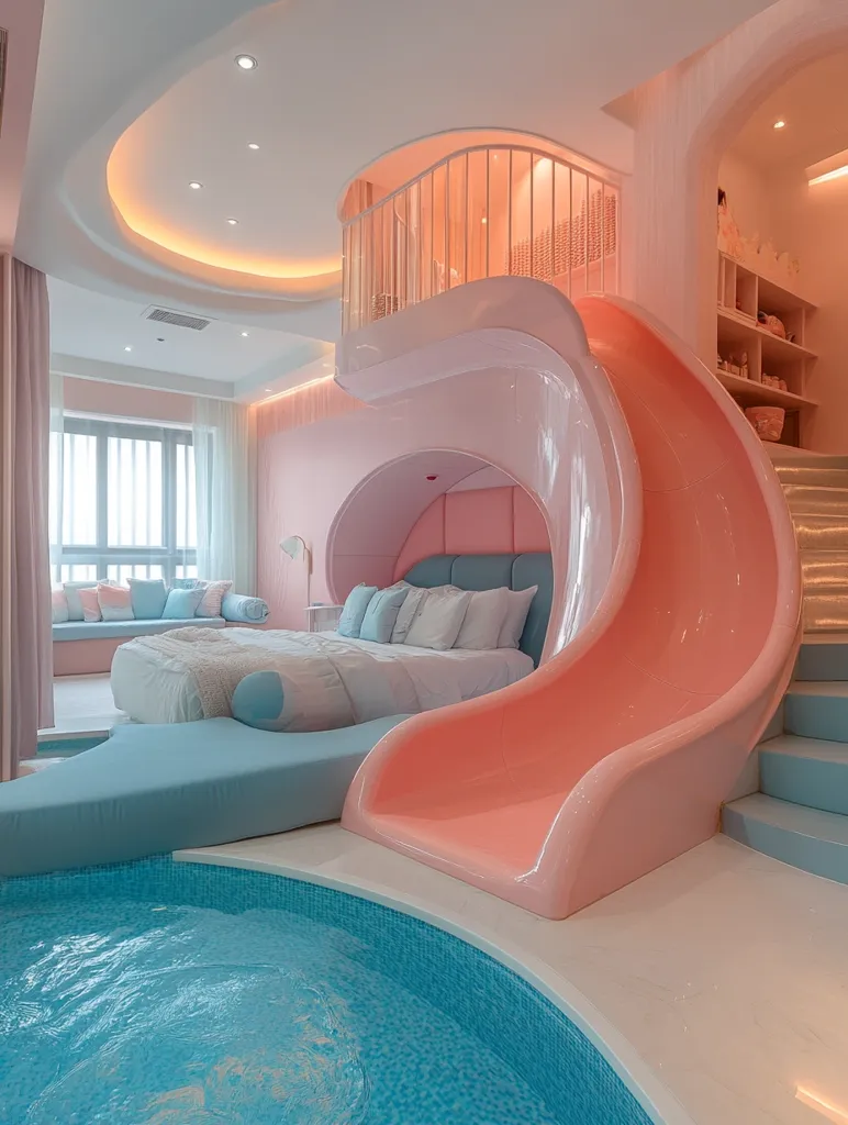 This image shows a luxurious, whimsical bedroom designed for a child or young adult.  The room is predominantly pastel pink, featuring a built-in pink slide leading to a small indoor pool. A bed with soft bedding is nestled within a curved alcove.  There's an upper loft area accessible by stairs, and a built-in shelving unit adds to the playful ambiance. The overall design blends comfort and fun, creating a unique and enchanting space.