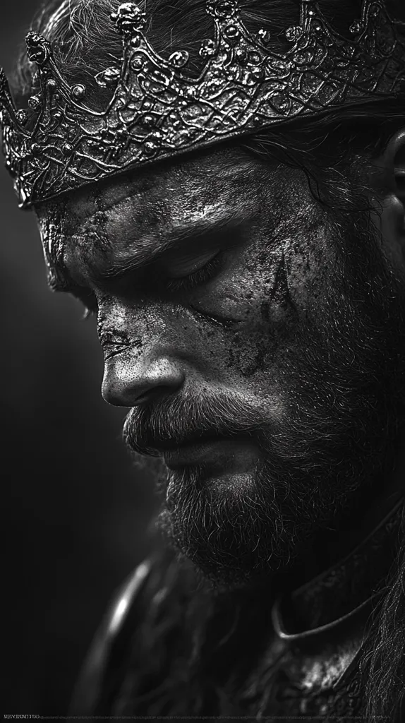 Here's a description of the image:

The black and white close-up depicts a weathered, bearded man, crowned with an ornate, heavy crown. His face is scarred and marked, suggesting a life of hardship and battle. His eyes are closed, and his expression is one of somber contemplation or weariness. The crown's intricate detail contrasts with the roughness of his face and beard, creating a powerful visual tension. The dark background accentuates the subject, emphasizing his regal yet worn appearance. The overall mood is one of melancholy strength.