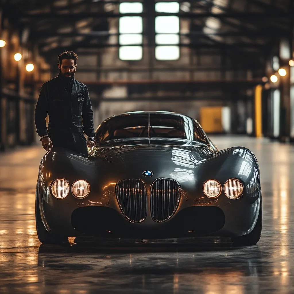 A man with a beard, dressed in a dark jacket, stands proudly beside a sleek, dark gray classic car. The car, possibly a vintage BMW, has a long hood, round headlights, and a prominent grill.  The setting is a dimly lit, industrial-style interior space with large windows and exposed beams. The overall mood is sophisticated and nostalgic, highlighting the beauty of the automobile and its connection to the man. The polished floor reflects the car’s lights.