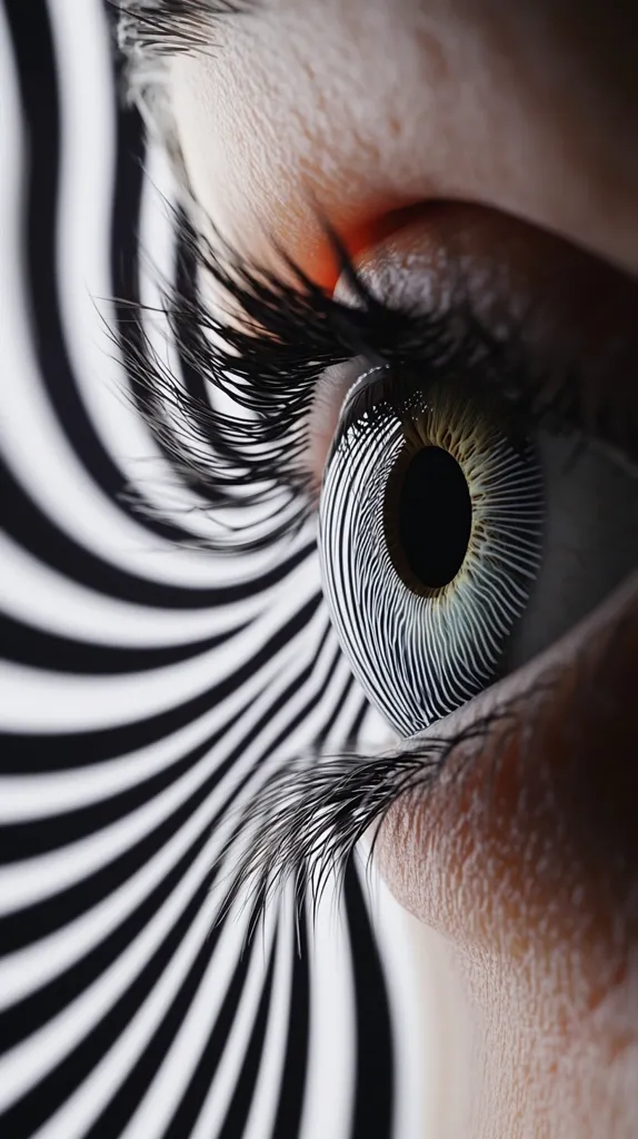 Here's a description of the image:

Close-up view of a human eye, partially visible, with a dramatic focus on the iris and long eyelashes. The eye's details are striking, highlighting its texture and the individual lashes. The background is a swirling pattern of black and white stripes, creating a hypnotic, almost psychedelic effect that contrasts with the organic detail of the eye. The overall image is highly stylized, suggestive of a fashion or artistic photoshoot rather than a medical or scientific one.