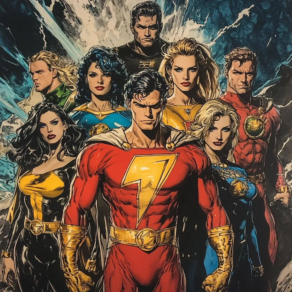 Here's a description of the image:

The image is a dynamic, stylized illustration featuring Captain Marvel (Shazam) prominently in the center, flanked by the Marvel Family.  He's depicted in his iconic red and gold costume, his powerful physique emphasized. Surrounding him are Mary Marvel, Captain Marvel Jr., and other members of the family, each with their own unique costumes reflecting their individual powers. The background is a dramatic, swirling energy effect, enhancing the superheroic theme. The overall style is reminiscent of comic book art, with detailed rendering of muscles, fabrics, and expressive faces. The color palette is rich and saturated, drawing attention to the characters and their positions.