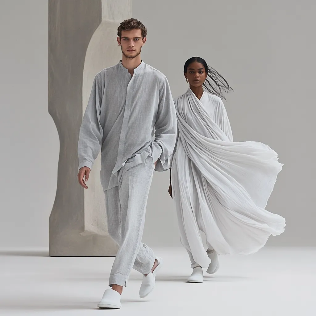A fashion photograph showcases a man and woman in minimalist, flowing grey clothing. The man wears a loose-fitting shirt and trousers, while the woman's garment is a draped, pleated dress that billows dramatically.  Both are wearing white slip-on shoes.  The backdrop is a muted grey, with a sculpted, abstract form to the left, creating a clean, contemporary aesthetic. The overall mood is serene and sophisticated.
