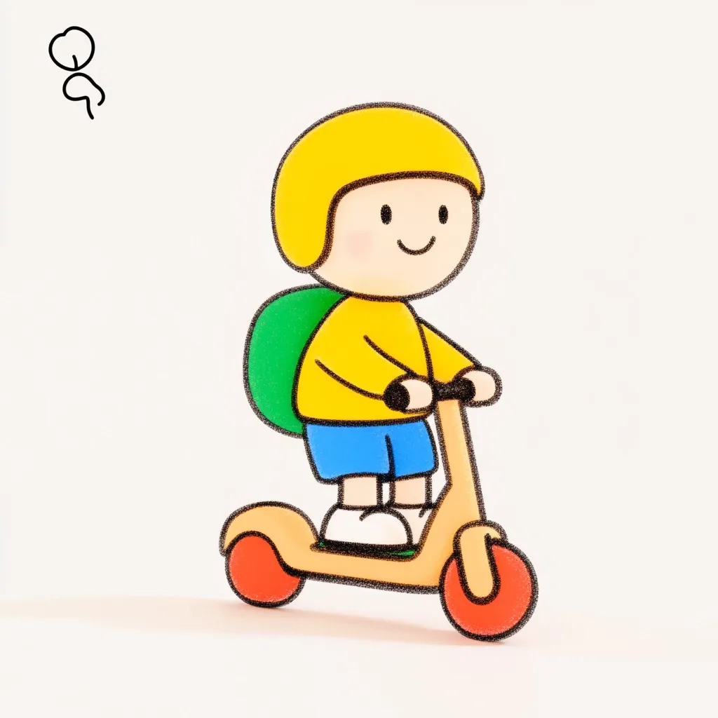 Here's a description of the image:

The illustration shows a cheerful cartoon child riding a scooter.  The child wears a yellow helmet, a yellow long-sleeved shirt, blue shorts, and white shoes. A green backpack is slung over their shoulders. The scooter is light beige with orange wheels, and the child grips the handlebars with both hands. The style is simple and childlike, with bold outlines and pastel colors. The background is plain white, allowing the brightly colored figure to stand out. The overall feeling is one of happiness and carefree playfulness.
