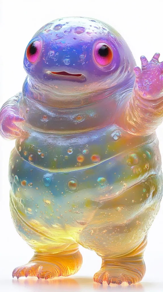 Here's a description of the image:

The image shows a whimsical, translucent creature, possibly a digital rendering or a sculpture.  It's rotund with a jelly-like appearance, exhibiting iridescent colors shifting between pale purple, yellow, and orange.  Small, bubbly textures cover its body.  Large, expressive pink eyes and small, clawed feet add to its charm. One hand is raised in a friendly wave. The creature's overall expression is gentle and curious.  The background is plain white, allowing the creature's vibrant colors to stand out.