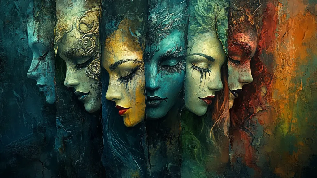 The artwork presents a striking composition of five female faces, each rendered in a distinct color palette and style. They are arranged in a vertical sequence, their profiles creating a continuous line.  The faces exhibit a blend of realistic and surreal features, with textures reminiscent of both paint and stone. Each face seems to represent a different aspect or element, with color variations suggesting earth, water, air, fire, and possibly spirit. The overall mood is one of mystery and ethereal beauty, enhanced by the textured, almost distressed background.