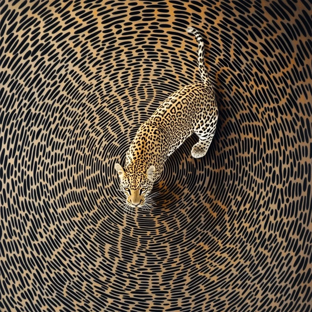 Here is a description of the image:

The image shows a leopard from an overhead perspective, standing on a surface patterned with concentric circles of stylized leopard spots.  The leopard's spots and the background pattern create a mesmerizing, almost hypnotic effect. The colors are warm, with the leopard’s coat exhibiting a range of tans and browns against the dark, rich background.  The leopard appears alert, its gaze directed downward toward the viewer. The overall composition is striking and creates a sense of depth and visual intrigue.
