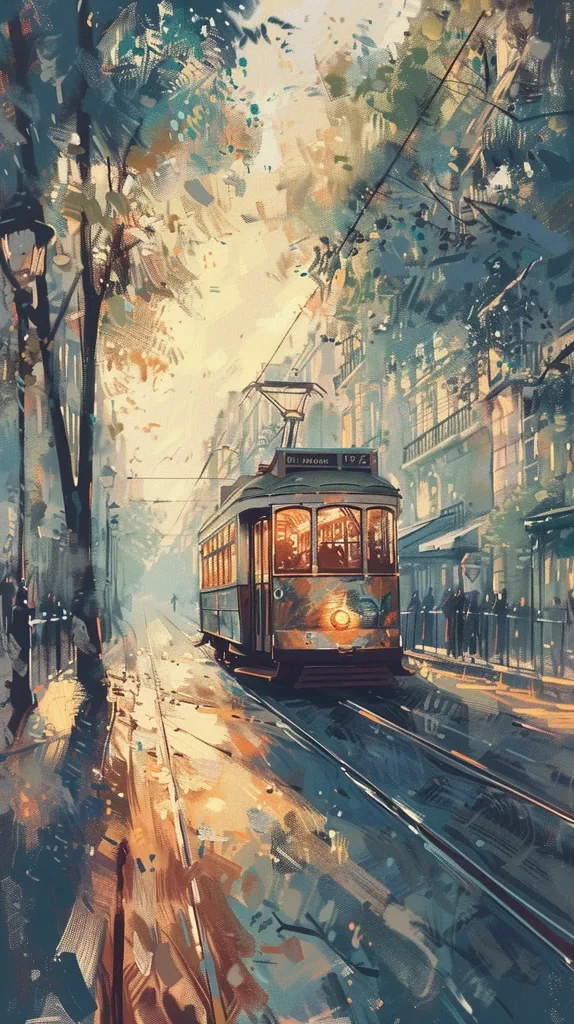 A vibrant painting depicts a vintage tram traversing a tree-lined street. The tram, filled with passengers, is the focal point, its warm tones contrasting with the cool hues of the buildings and foliage.  The artist's loose brushstrokes create a sense of movement and atmosphere, suggesting a sun-dappled day.  People stand on the sidewalk, adding a sense of everyday life to the scene.  The overall impression is one of nostalgic charm and peaceful urban tranquility.
