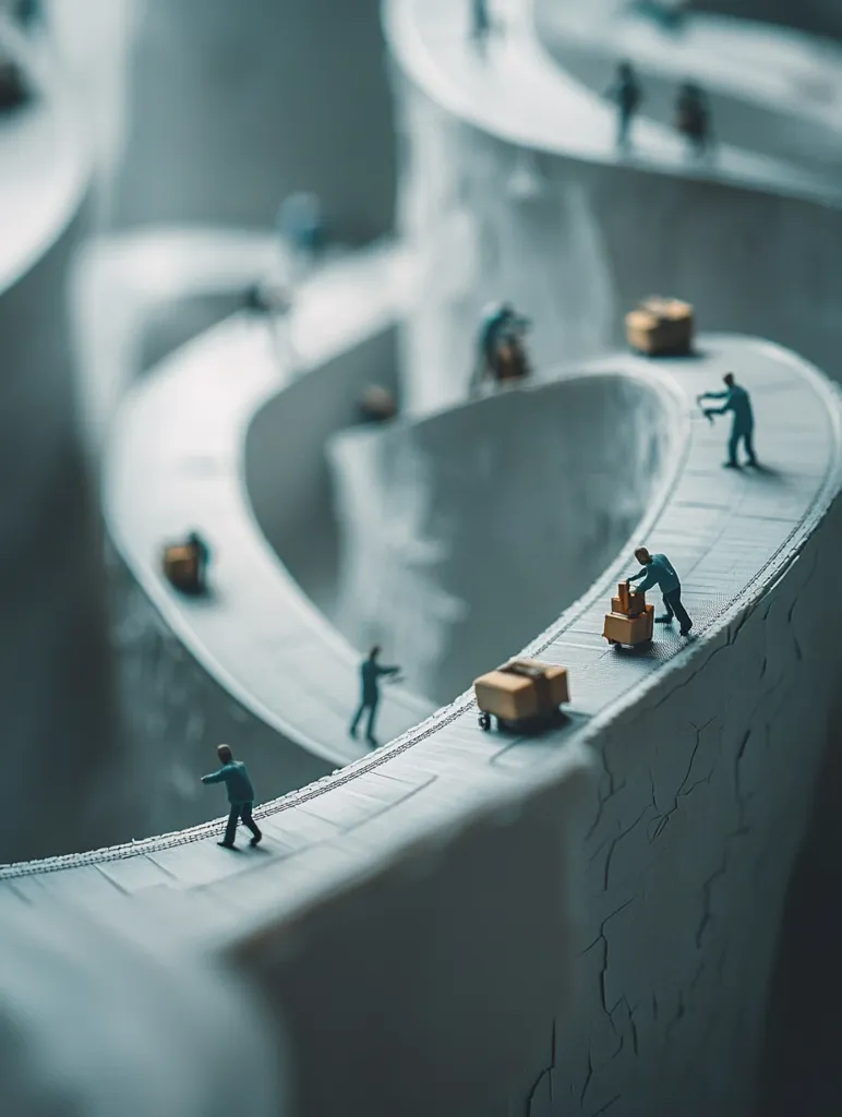 The image shows a miniature world where tiny figures, resembling workers, navigate a complex, winding pathway. They push small carts laden with boxes along a light grey, textured surface that curves and ascends. The depth of field emphasizes the figures and carts in the foreground, blurring the background figures and pathways into a suggestive labyrinth. The overall tone is muted, with a cool color palette.  The scene evokes a sense of continuous movement and the tireless nature of work within a possibly overwhelming system.