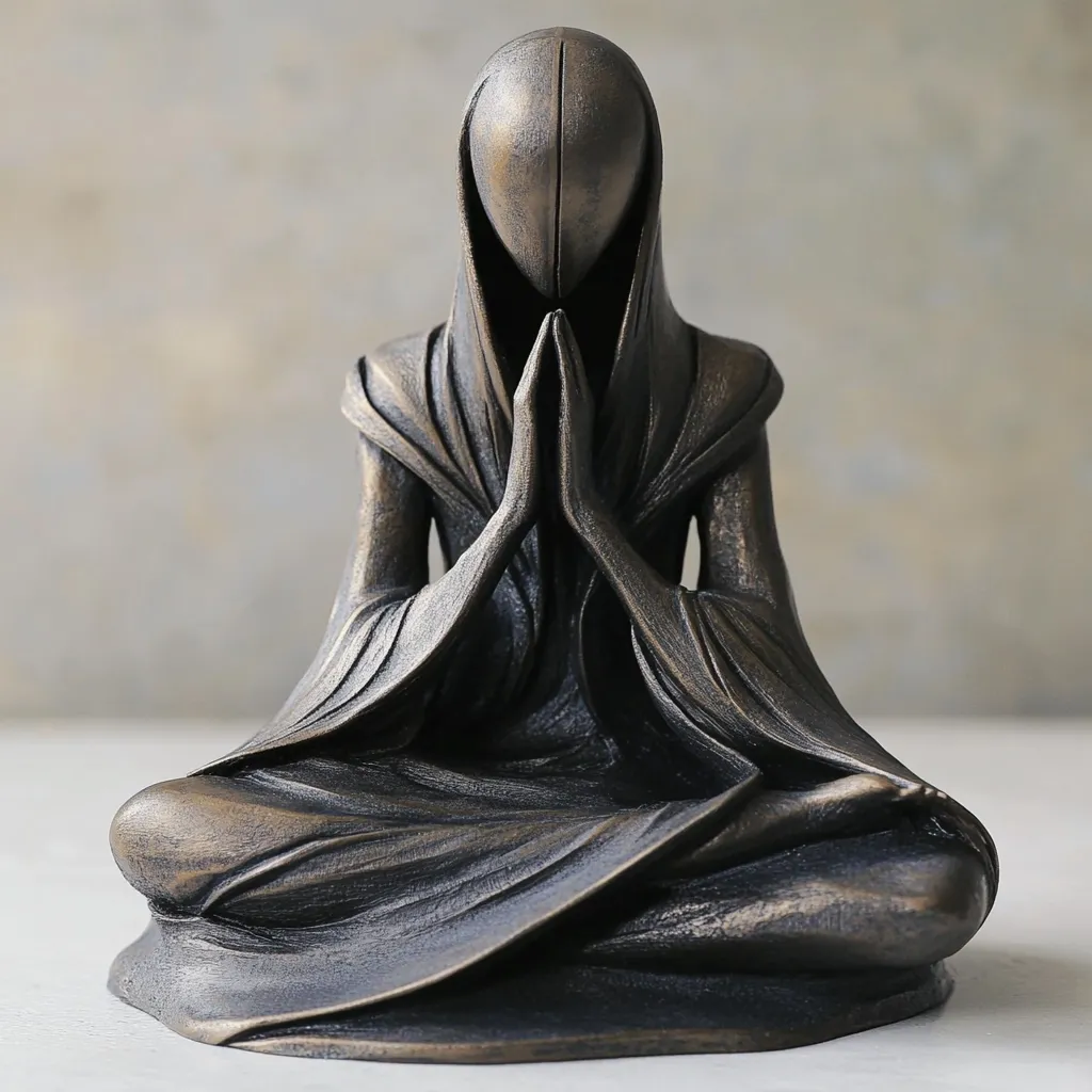 A bronze-colored statue depicts a figure in a meditative pose, hands clasped in prayer.  The figure is cloaked in flowing robes, obscuring most of its body.  Its face is smooth and featureless, adding to the sense of mystery and contemplation.  The statue's dark patina and detailed drapery create a sense of quiet reverence and spiritual serenity. The smooth, almost seamless, surface adds to the statue's elegant and minimalist aesthetic.
