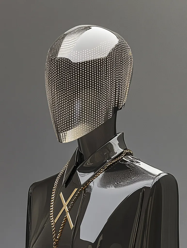 Here's a description of the image:

The image shows a mannequin head and shoulders, dressed in a sleek, black, glossy outfit. The mannequin's head is covered by a face-covering made of a sheer, shimmering material encrusted with tiny, light-reflecting beads, creating a dramatic and modern effect.  A gold chain necklace with a prominent 'X' pendant rests on the mannequin's chest, adding a touch of bold style. The overall aesthetic is futuristic, luxurious, and somewhat enigmatic.  The background is a simple, neutral gray, drawing attention to the mannequin's elaborate attire.