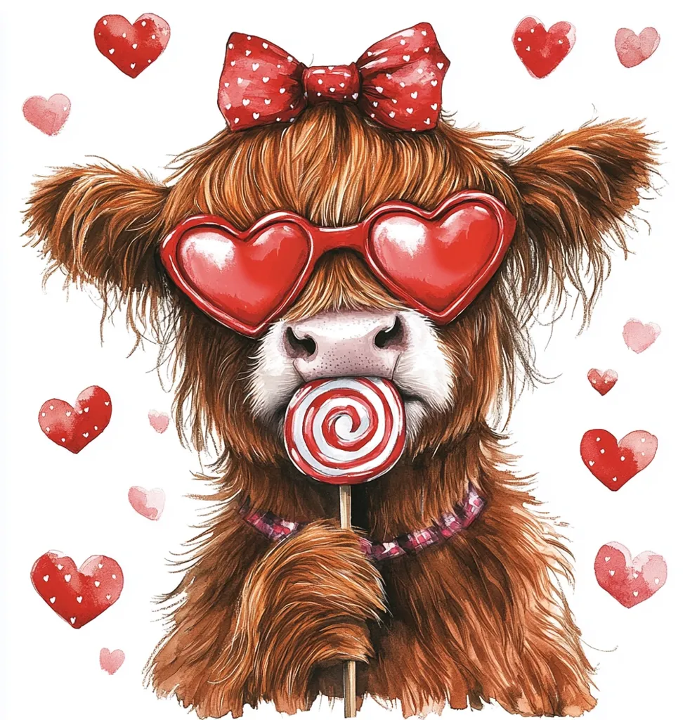Here's a description of the image:

The illustration features a Highland cow, depicted in a charming, anthropomorphic style.  The cow is wearing heart-shaped sunglasses and a red polka-dotted bow.  It holds a red and white swirl lollipop.  The background is scattered with small, red hearts, creating a romantic Valentine's Day theme. The cow's fur is richly detailed, and its expression is sweet and playful. The overall style is whimsical and appealing, suggesting a cute and festive image.