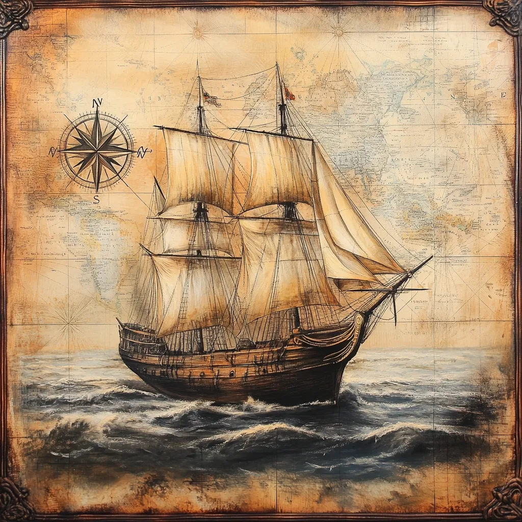 The artwork depicts a three-masted sailing ship, rendered in sepia tones, navigating a choppy sea.  The ship, detailed with rich wood and billowing sails, is prominently featured against a backdrop of an antique-looking world map, complete with a compass rose. The overall style evokes a sense of age and nautical adventure, reminiscent of historical maritime exploration. The frame further enhances the antique aesthetic of the piece.