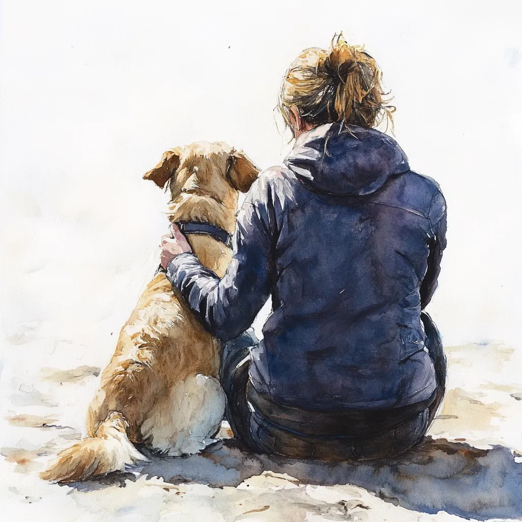A watercolor painting depicts a woman sitting on a sandy surface, her back to the viewer.  She's wearing a dark blue hooded jacket and has her arm around a golden retriever. The dog sits calmly beside her, its tail slightly curled.  The scene is brightly lit, suggesting an outdoor setting, with a soft, blurred background. The overall feeling is one of peaceful companionship and serenity.