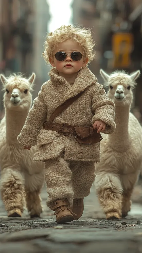 A toddler with blond, curly hair, wearing aviator sunglasses and a tan knit coat and pants, walks down a cobblestone street.  Two fluffy white alpacas flank the child, their soft coats contrasting with the rough texture of the path.  The overall aesthetic is whimsical and charming, with a muted color palette enhancing the image's serene atmosphere. The child's confident stride and the alpacas' calm demeanor create a captivating scene.